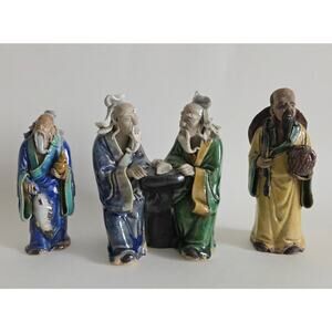 Lot of 3 Vintage Chinese Mudman Figurines – Hand Painted Pottery